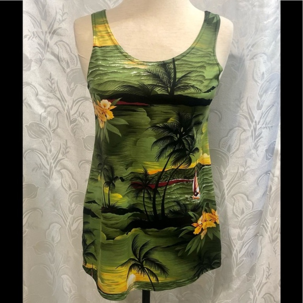 Green Tropical Print Tank Top - Womens